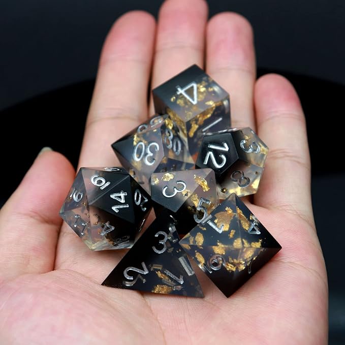 Haxtec DND Dice Set Black Sharp Edge Resin Dice Gold Flakes with Dice Case Black White Gold D&D Dice for RPG Role Playing Games Compatible with Dungeons and Dragons Gift War Series