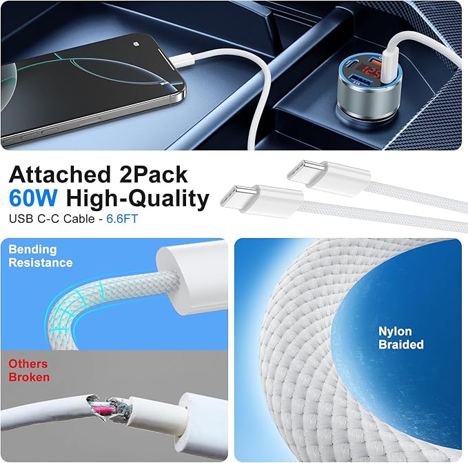 iPhone Fast Car Charger, 65W 4-Port USB C Car Phone Charger Adapter with 2x6FT USB C Cable, Multi Port Cigarette Lighter USB Charger with Voltage Display for iPhone 16 15 Pro Max,iPad,Samsung, Android
