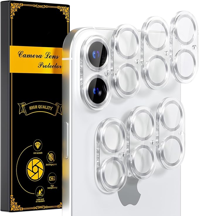 beuxece for 6 Pack iPhone 16 / iPhone 16 Plus Camera Lens Protector [Drop Protection] [Case Friendly] [Easy Installation] 9H Tempered Glass Camera Screen Protector Cover Accessories, CD Silver