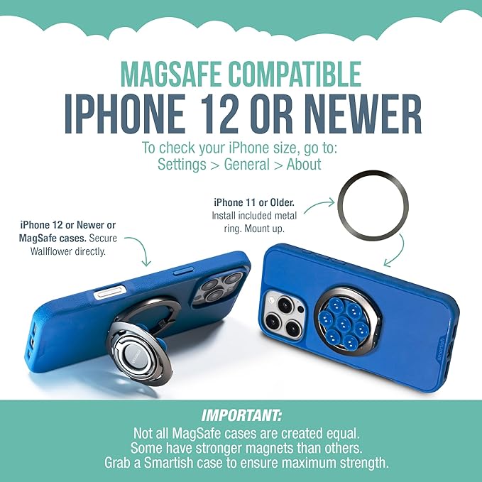 Smartish® MagSafe Suction Mount - WallFlower - 3 in 1 Reversible Magnetic Phone Grip Finger Loop, Suction Mount, Kickstand w/Universal MagSafe Adapter Kit for Apple iPhone - Blues on The Green