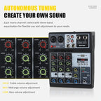 Mini audio audio mixers DJ mixer Sound Board Console System,4 Channel 48V Phantom Power with Bluetooth USB MP3 Stereo live DJ Studio Streaming for professional recording party KTV stage