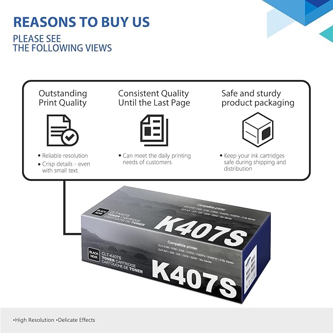 CLT-K407S Black Toner Cartridge 1-Pack Replacement for Samsung CLT-K407S for CLX-3180, CLX-3186, CLX-3185N, CLX-3185FW, CLX-318x Series; CLP-321, CLP-326, CLP-320N, CLP-325W, CLP-32x Series Printer