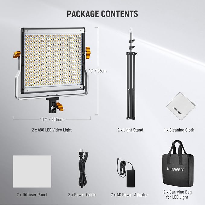 Neewer 2 Pack Dimmable Bi Color 480 LED Video Light Kit with Two 75" Tripod Stands/U Bracket, 3200K-5600K CRI96+ LED Panel Light for YouTube Recording Studio Photography Streaming Key Lighting