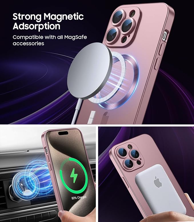 Magnetic for iPhone 15 Pro Max Case [Compatible with MagSafe][Built-in Camera Lens Protector] Slim Soft Silicone Bumper Shockproof Metallic Luster Phone Case (Rose Gold)