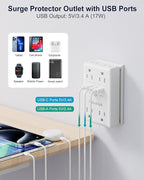Wall Outlet Extender with Screw, 8 Way Outlets with 1680J Surge Protected, Multi Plug Wall Outlet with USB Ports, LED Indicator, 1875W Wall Mounted Surge Protectors for Dorm Room Office Kitchen