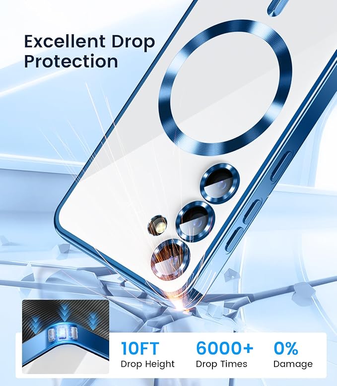 Slim Thin for Samsung Galaxy S25 Plus Case, Compatible with MagSafe, Built-in Camera Lens Protector, Shockproof Protective Phone Case, Soft Electroplated Clear Cover, Sapphire Blue
