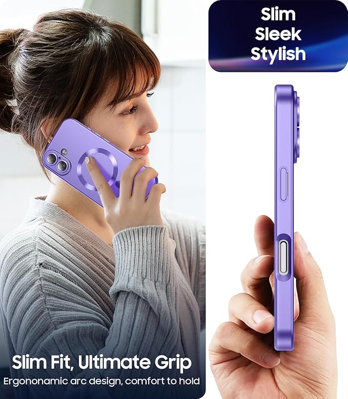 Magnetic for iPhone 16 Plus Case [Compatible with MagSafe][Built-in Camera Lens Protector] Slim Soft Silicone Bumper Shockproof Metallic Luster Phone Case (Purple)