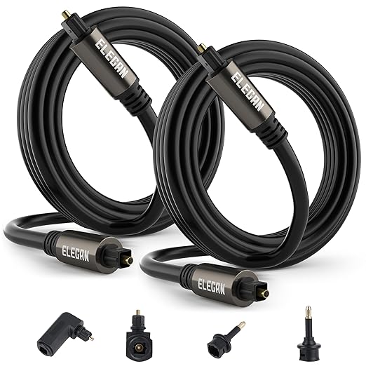 Elecan Optical Audio Cable 12 Ft/2 Pack Digital Audio Toslink Cable Cord-Fiber Optic-Gold Plated-Flexiable&Durable-for Home Theater,Sound Bar,PS4& Xbox-with Right Angled+Mini Toslink Adapters+Ties