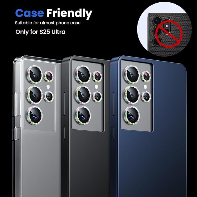 WSKEN for Samsung Galaxy S25 Ultra Camera Lens Protector - Ultra Thin Case Friendly, 9H Shatterproof Tempered Glass with Aluminum Metal Circle Camera Screen Protector Cover Accessories, Glitter Color