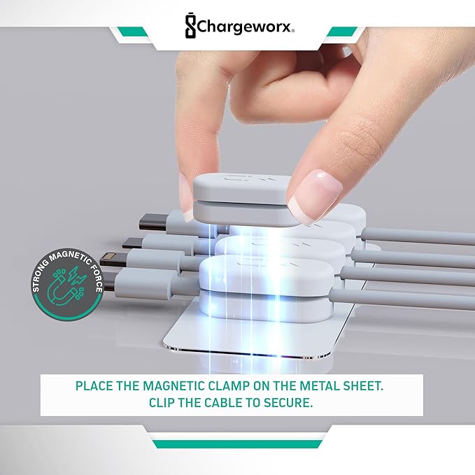 Chargeworx Magnetic Cable Holder for Cable Management – Multipurpose Desktop Cable Management System, 20-PK, Great for USB-C, Lightning, Micro-USB & Other Cables – Sticks to Any Surface (20-PK White)