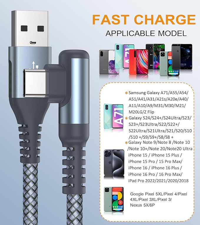 sweguard USB Type C Charger Cable Right Angle [2-Pack,10FT] iPhone 16 Charger Braided Cord for iPhone 15 16 Pro Max Plus Samsung Galaxy S25 S24 S23 S22 S21 S20 S10 Note A55 A15 Flip Pixel LG Moto PS5