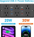 Recessed Power Strip, 30W PD USB-C & USB-A Fast Charging, Drawer Outlet Plug in 6 Outlets & 8 USB Ports, Furniture Flush Mount Desk Outlets for Conference Table, 10FT Cord Black