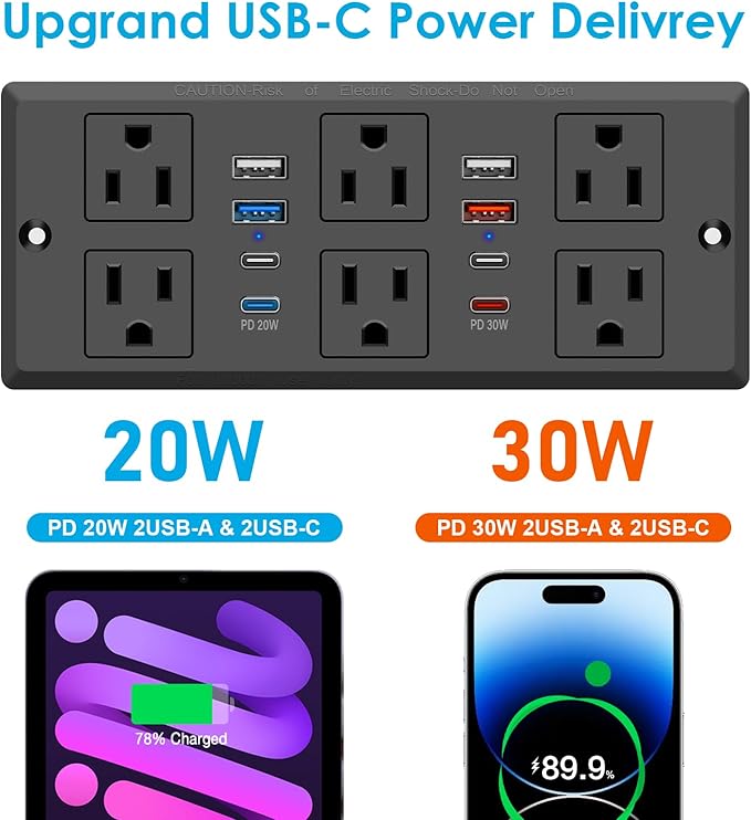 Recessed Power Strip, 30W PD USB-C & USB-A Fast Charging, Drawer Outlet Plug in 6 Outlets & 8 USB Ports, Furniture Flush Mount Desk Outlets for Conference Table, 10FT Cord Black