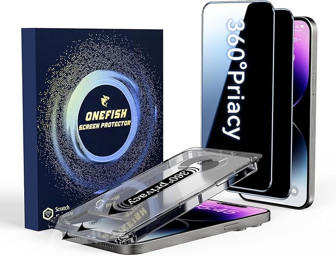 OneFish for iPhone 16 Pro Max Privacy Screen Protector, 4-Way 360° Anti-Spy Tempered Glass, 9H Hardness, HD Clear Anti-Fingerprint 3D Curved Edges, Case-Friendly & Easy Installation [2 Pack]
