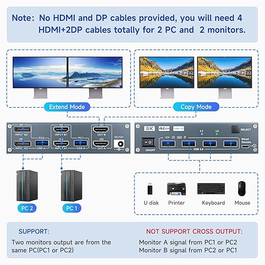 HDMI Displayport Hybird KVM Switch 2 Monitors 2 Computers 8K@60Hz 4K@144Hz, Aluminum Dual Monitor KVM Switches for 2 PC Share 2 Monitor and 4 USB Devices, Support Extended/Copy Mode,Cables Included
