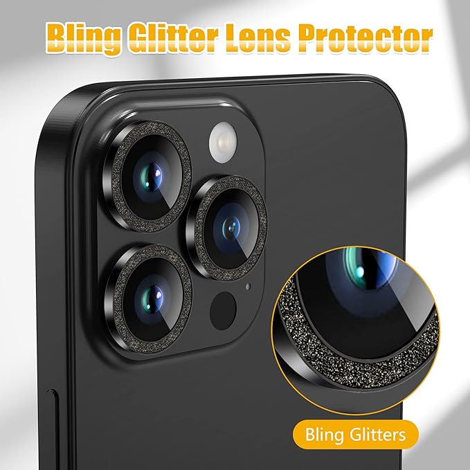 AGVEE 3+3 6 Pack for iPhone 14 Pro 6.1" / 14 Pro Max 6.7" Camera Lens Protector, Bling Diamond & Bling Glitter Metal Ring 9H Tempered HD Glass Camera Protector Cover Film, Bling-Black