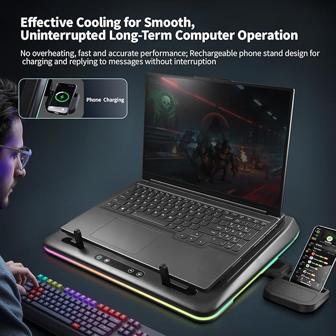 IMMOENUC- Compressed Air Laptop Cooling Pad with Wireless Charging RGB Laptop Cooler Stand with Powerful External Turbo Cooling Fan Compatible with 14-inch and Above MacBook/Dell/HP/Lenovo Laptops
