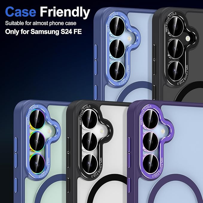 for Samsung Galaxy S24 FE Camera Lens Protector, Individual Metal Ring Tempered Glass Lens Cover, [Strong Adsorption] Scratch Resistant Ultra-Thin HD Clear Lens Cover, 1 Set-Blue Ring