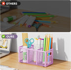 Marbrasse Mesh Pen Holder for Desk,Pencil Holder Desk Organizer 3 Adjustable Compartments,Pencil Cup with Handle Perfect for Classroom, Office, Home,Makeup,Art (Purple)