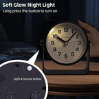 Analog Alarm Clock, Silent Non-Ticking Quartz Movement, Battery-Operated with Snooze & On-Demand Light, Easy to Set Gentle Wake Bedside Desk Clock, Ideal for Home, Travel, Office (Black)