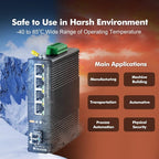 MokerLink 5 Port Industrial DIN-Rail Network Switch, 4 Gigabit Ethernet, 1 SFP, 14Gbps Switching Capacity, IP40 Rated (-40 to 185F), With UL Power Supply