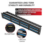 AMPCOM CAT6 48 Ports Patch Panel, Rack Mount - 2U, 19 inch, RJ45 Ethernet 568A 568B, 50u Gold Plated, with Rear Cable Management Bar
