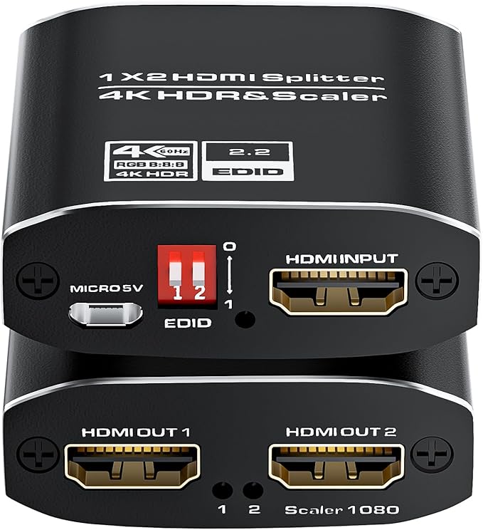 1x2 HDMI Splitter, HDR 4K@60Hz HDMI spliter 1 in 2 Out, Supports HDMI 2.0, HDCP 2.2, Mirror Screen Monitors Supports EDID Control for Xbox PS3/4/5 PC DVD Fire Stick Blu-Ray Player TV