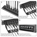 Jadaol 24 Port Patch Panel Rackmount or Wall Mount 19-Inch, 1U Cat6 Network Panel Preloaded with 24 Keystone Couplers plus 1 Spare, 10Gbps Ethernet Patch Panel with Cable Management & Back Support Bar