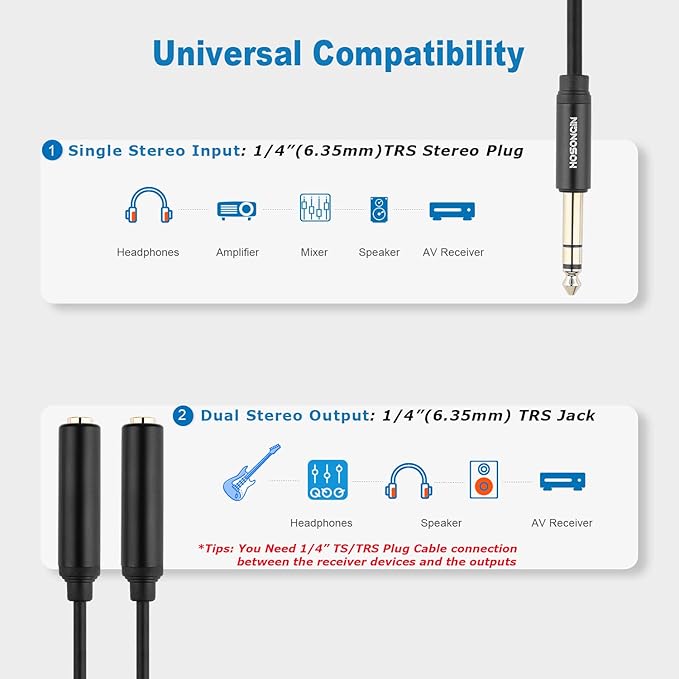 HOSONGIN 1/4" Splitter Cable, TRS to Dual 1/4" TRS Stereo Y Adapter, Gold-Plated Connectors, High-Fidelity Sound, Durable Aluminum Alloy Shell for Studio, DJ, Headphones, Live Sound Systems - 1.6Ft