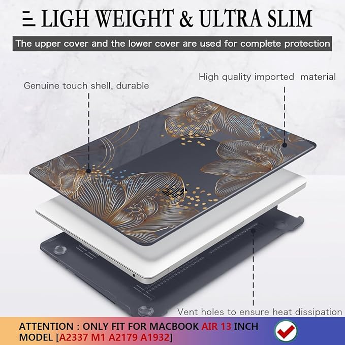 CISSOOK for MacBook Air 13 inch Case 2021 2020 2019 2018 Model M1 A2337 A2179 A1932, Black Hard Shell Case & Keyboard Cover & Screen Protector for MacBook Air 13 with Touch ID, Gorgeous Gold Floral