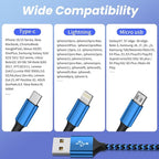 Multi Charging Cable(3Pack 4FT), 3 in 1 Charging Cable for Multiple Devices, USB-A Multi Charger Cord with Type-C, Micro USB and IP Port for iPhone 16/15/14/13/iPad/Android/Tablets and More