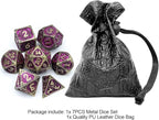 Haxtec Metal Dice Set Purple Black Dragon Pattern Metal DND Dice with Leather Dice Bag Polyhedral D&D Dice Compatible with Dungeons and Dragons TTRPG Gifts