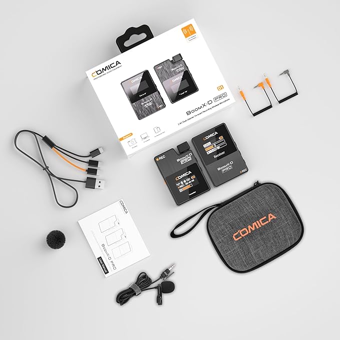 COMICA BoomX-D1 PRO Wireless Lavalier Microphone, 16GB Storage, Safety Audio Track, Noise Cancellation, 328' Range, Wireless Lav Mic for iPhone, Android, PC Interviews, Vlogs, Live-Streaming(1TX+1RX)