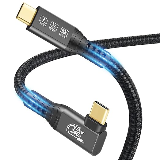 USB4 Cable, with Thunderbolt 4, 240W Charging, 40 Gbps Data, 8K @ 60Hz HDR, USB C to USB C Cable, 90Degree for MacBook,Hub, Dock, M2, M3, Mac SSD (90Degree USB4 40G 240W 2M)