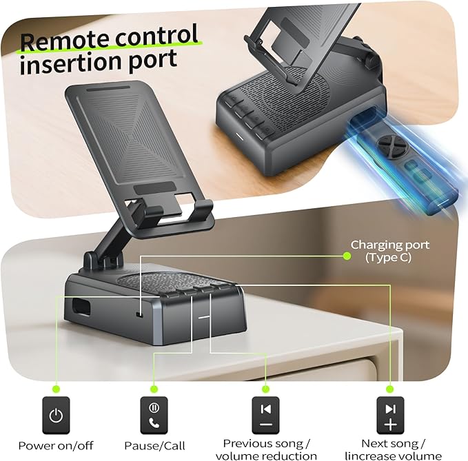 Cell Phone Stand with Bluetooth Speaker and Remote Control(Video Control/Camera Control),Birthday Gift, Portable Bluetooth Speaker for Home and Outdoors, All Day Playtime, Compatible with iOS/Android