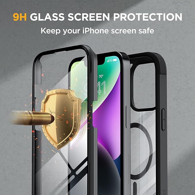Miracase for iPhone 14 Case 6.1'', [Bubble Free] Full-Body Bumper Phone case with Built-in Full Glass Screen &Lens Protector,No Gap,Compatible with MagSafe,Drop Proof 14 Cover,Black