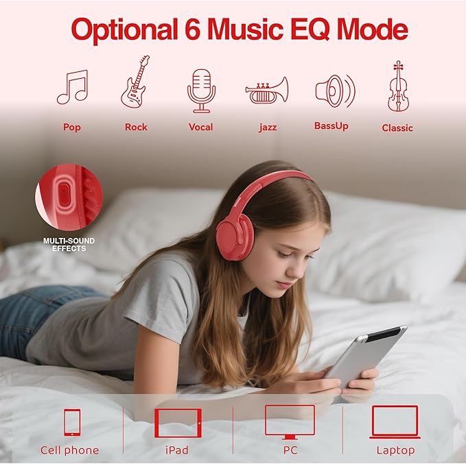 MIDOLA Bluetooth Headphones Over Ear 68H Playtime 6 EQ Wireless Headset with Microphone HiFi Stereo Foldable Lightweight Deep Bass for Travel Home Office Cellphone Red