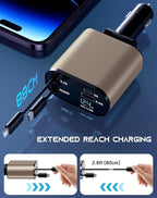 Retractable Car Phone Charger, 4 in 1 Fast Charge Car Phone Charger with 2 Retractable Cables(2.6ft) and 2 USB Ports, Compatible with iPhone15/14/15 Pro Max,Samsung (Gold)
