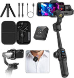 S2 Mic Smartphone Gimbal Stabilizer w/Wireless Lavalier Microphone, Built-in 18cm Extension Rod & Fill Light, Professional 3-Axis Gimbal for iPhone & Android for Video Recording