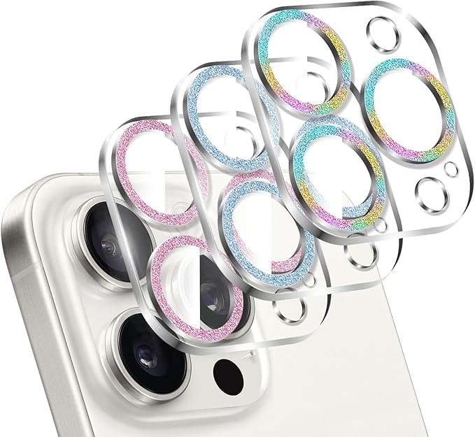 LucBuy 3PCS Sparkling Camera Lens Protector for iPhone 14 Pro/iPhone 14 Pro Max, Full Clear Acrylic Cover with Shiny Colorful Glitter Designed Decoration Back Camera Protector