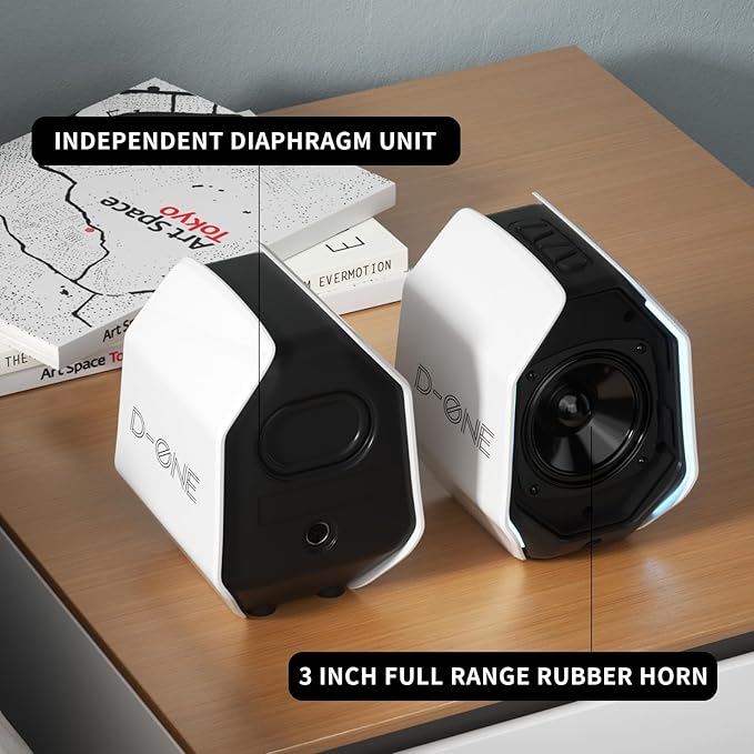 D-ONE 30W PC Gaming Computer Speakers for Laptop, Mac, Desktop Computer, Woofer Speakers, Bluetooth, USB, 3.5mm AUX Inputs, RGB Lights, Multimedia Speakers, White