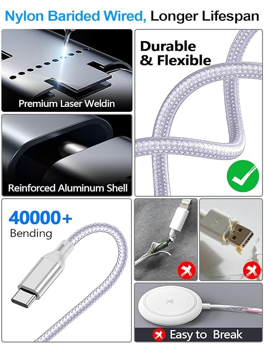 2 Pack Charging Cable for Apple Watch Charger/Samsung/iPhone Charger,Car/Office/Camping/Travel Essentials,Type C Cable Cord for iWatch Ultra/10-2/iPhone 16-11/Samsung S25-S20,iPad,airPods-Purple