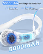 Portable Bladeless Neck Fan, 5000mAh Rechargeable Battery, 3 Speeds, Workout Essential, 360°Airflow, Twistable, Personal Wearable Neck Fan for Sports Outdoor Indoor, Gifts for Man Woman Family