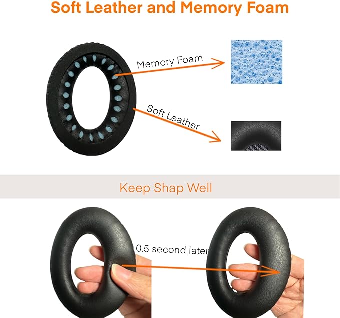 MBWIGF Replacement Ear Pads for Bose QuietComfort 35 (QC35) & Quiet Comfort 35 II (QC35ii) Headphones, Replacement Earpad Cushion with Comfortable Extra Thick Memory Foam and Softer Leather (Black)