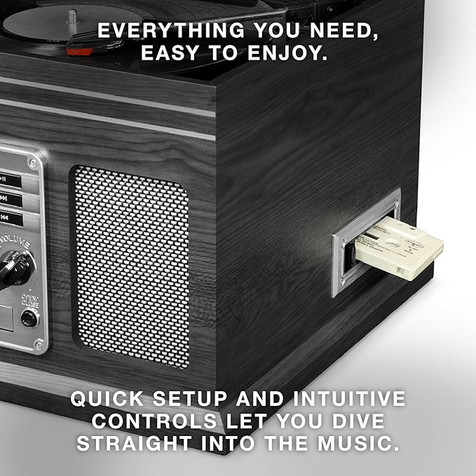 Victrola The Quincy 6-in-1 Bluetooth Record Player & Multimedia Center with Built-in Speakers – 3-Speed Turntable, CD & Cassette Player, AM/FM Radio, Wireless Music Streaming (Mahogony)