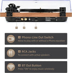 Turntable Vinyl Record Player Support Bluetooth Output Phono/Line Switch Pitch Control with Pre-Installed Counterweight & Magnetic Cartridge, Belt Drive 2 Speed
