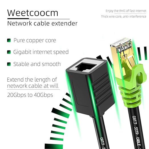 Ethernet Extension Cable 25ft, Network Cat6a Extension Patch Cable RJ45 Cords Shielded Male to Female Connector (25FT)