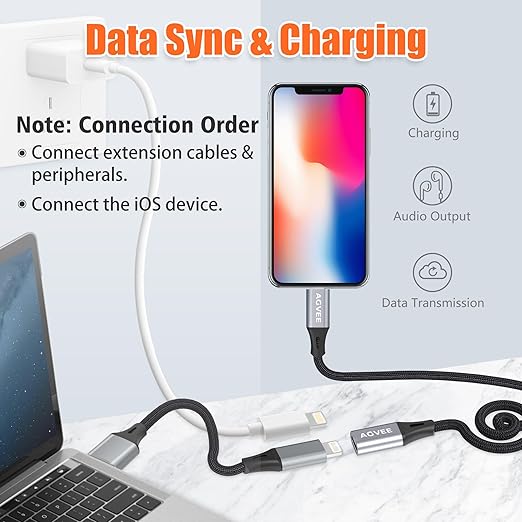 AGVEE 6.6ft Lightning Extension Cable, Braided Female to Male Extender Full Function Cord Compatible with iPhone iPad, Data Sync Video Audio & Charging Connector Adapter, Dark Gray