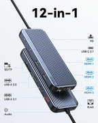 USB C Docking Station 3 HDMI, Docking Station 3 Monitors,12 in 1 Docking Station Dual Monitor, Laptop Docking Station Triple HDMI with 10Gbps USB A/C 3.1,USB 2.0,100W PD,Ethernet, Audio&Mic,SD&TF Slot