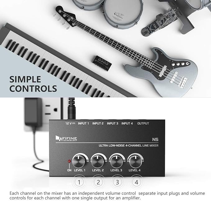 FIFINE Ultra Low-Noise 4-Channel Line Mixer for Sub-Mixing,4 Stereo Channel Mini Audio Mixer with AC adapter.Ideal for Small Club or Bar. As Microphones,Guitars,Bass,Keyboards or Stage Sub Mixer-N5